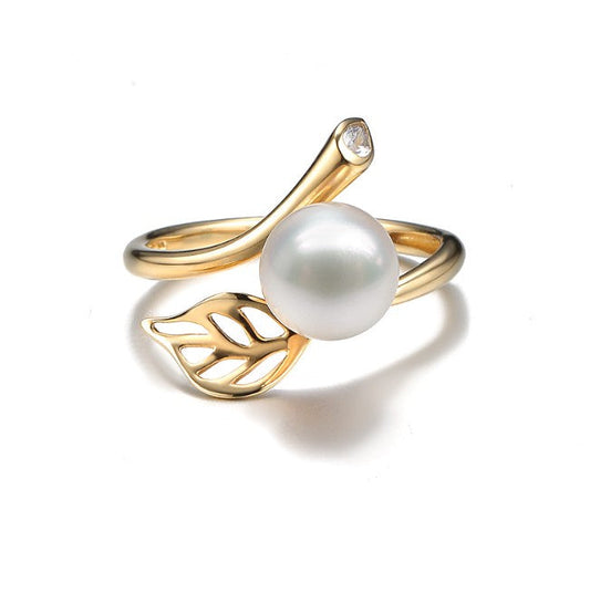 14k solid gold pearl ring holder adjustable golden the nature CZ Cubic Zirconia, Yellow gold, Real gold Xaxe.com