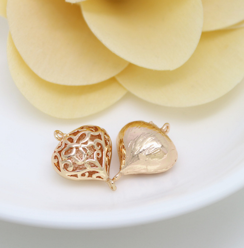 10 pcs 24k gold plated half hollow heart shape pendant brass spacer beads  brass caps brass connector Xaxe.com