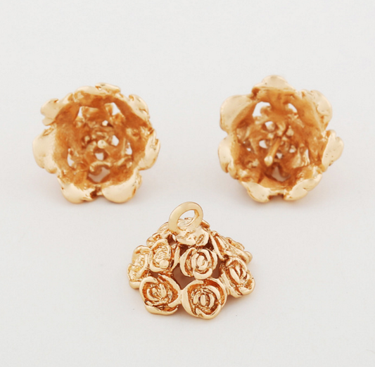 10 pcs 24k gold plated rose blossom brass spacer beads  brass caps brass connector Xaxe.com