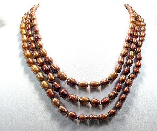 10MM-12MM 3rows Chinese Coffee Cultured Pearl Necklace Xaxe.com