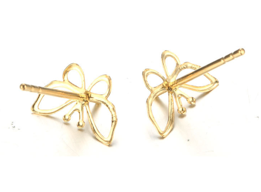 14k solid gold butterfly shape pearl earring stud findings, Yellow gold, Real gold Xaxe.com