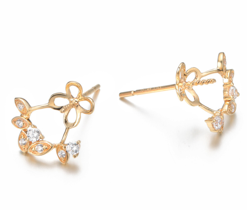 14k solid gold floral pearl earring stud setting findings 14 pieces CZ cubic zirconia, Yellow gold, Real gold Xaxe.com