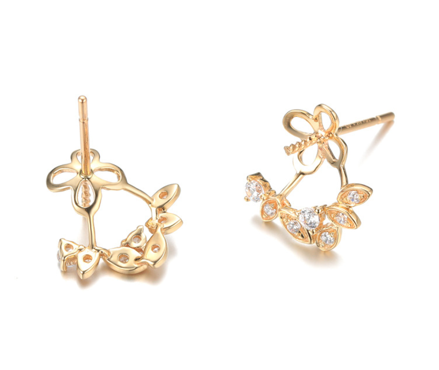 14k solid gold floral pearl earring stud setting findings 14 pieces CZ cubic zirconia, Yellow gold, Real gold Xaxe.com