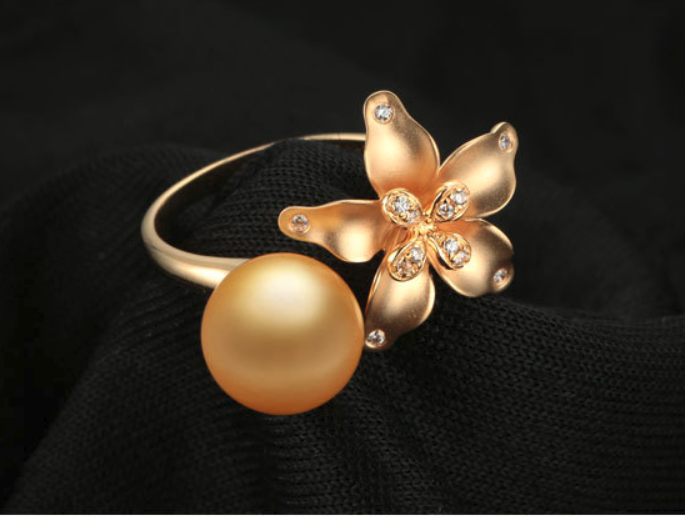 14k solid gold pearl ring holder adjustable golden floral CZ cubic zirconia, Yellow gold, Real gold Xaxe.com