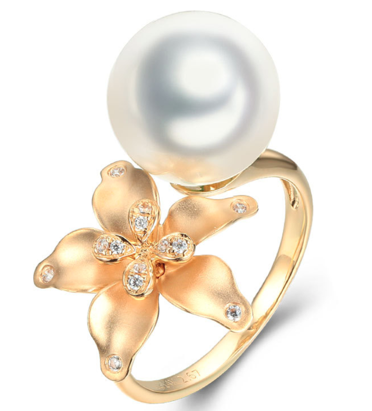 14k solid gold pearl ring holder adjustable golden floral CZ cubic zirconia, Yellow gold, Real gold Xaxe.com