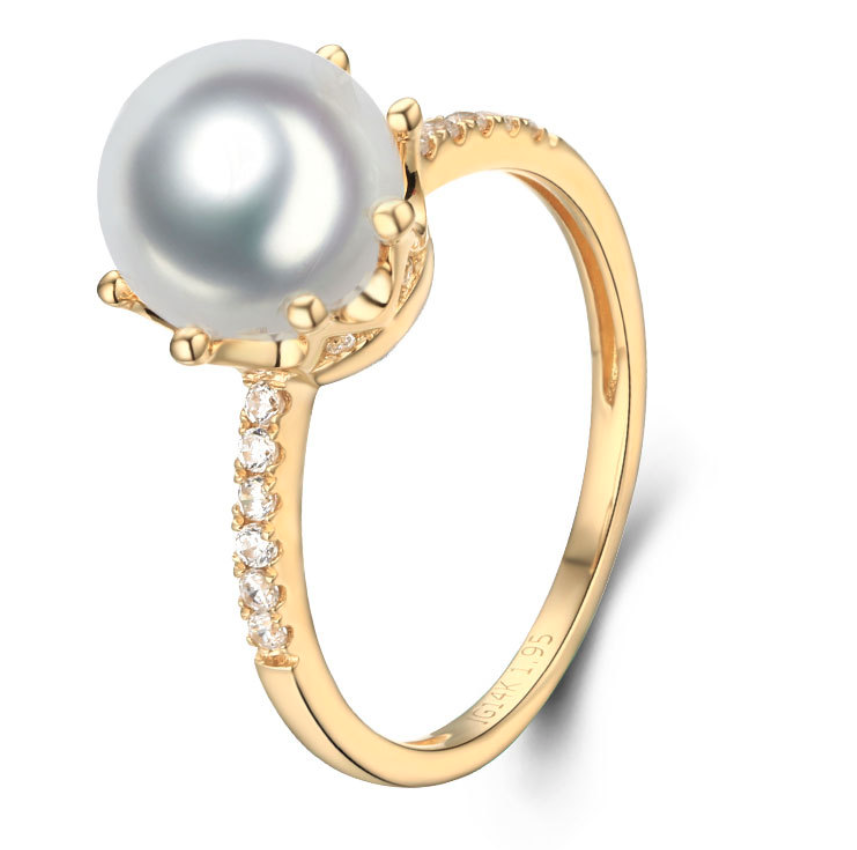 14k solid gold pearl ring holder adjustable golden the crown CZ cubic zirconia, Yellow gold, Real gold Xaxe.com