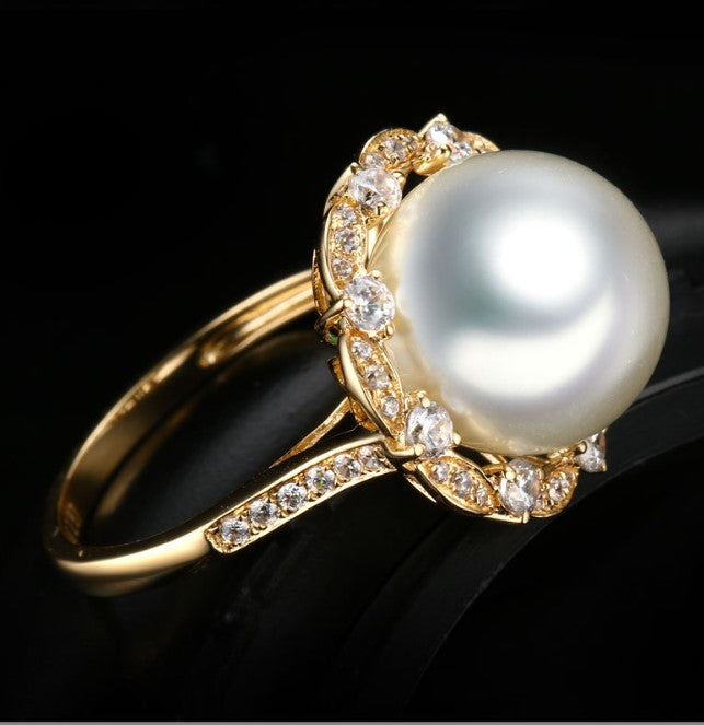 14k solid gold pearl ring holder adjustable golden the floral CZ Cubic Zirconia, Yellow gold, Real gold Xaxe.com
