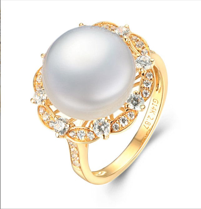 14k solid gold pearl ring holder adjustable golden the floral CZ Cubic Zirconia, Yellow gold, Real gold Xaxe.com