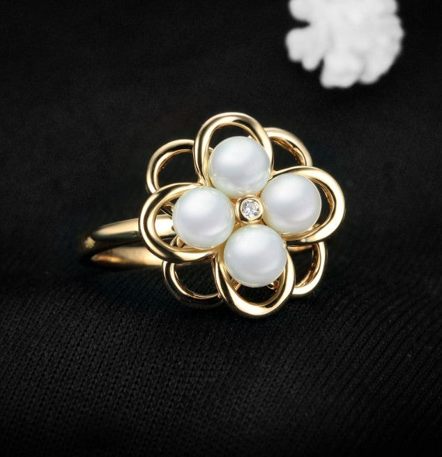 14k solid gold pearl ring holder adjustable golden the flower CZ Cubic Zirconia, Yellow gold, Real gold Xaxe.com