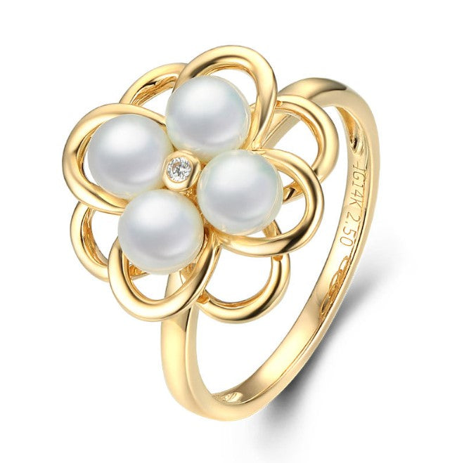 14k solid gold pearl ring holder adjustable golden the flower CZ Cubic Zirconia, Yellow gold, Real gold Xaxe.com