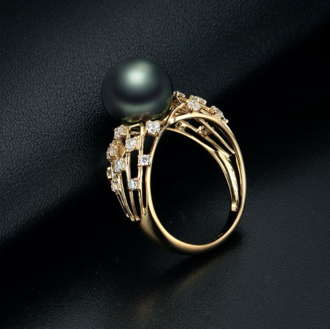 14k solid gold pearl ring holder adjustable golden the hollow CZ Cubic Zirconia, Yellow gold, Real gold Xaxe.com