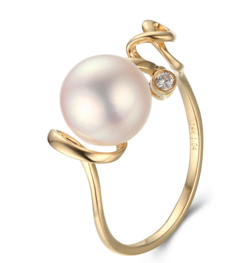 14k solid gold pearl ring holder adjustable golden the lines CZ cubic zirconia, Yellow gold, Real gold Xaxe.com