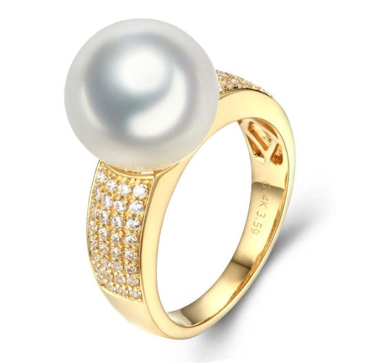 14k solid gold pearl ring holder adjustable golden the luxury shining CZ Cubic Zirconia, Yellow gold, Real gold Xaxe.com