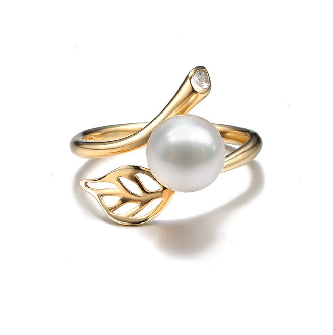 14k solid gold pearl ring holder adjustable golden the nature CZ Cubic Zirconia, Yellow gold, Real gold Xaxe.com