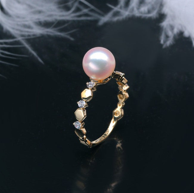 14k solid gold pearl ring holder adjustable golden the nest CZ Cubic Zirconia, Yellow gold, Real gold Xaxe.com