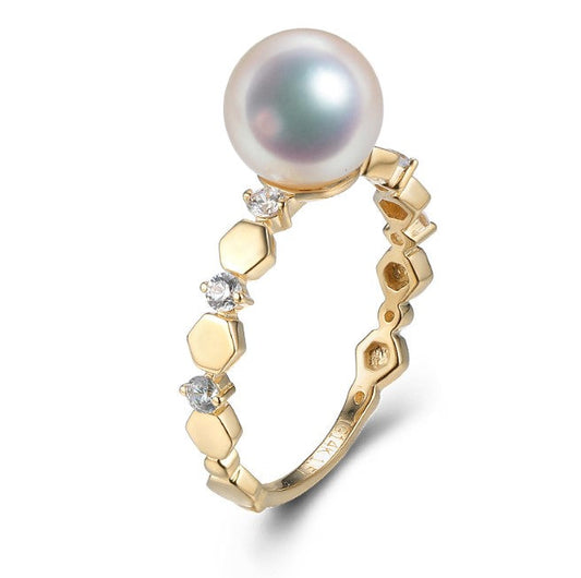 14k solid gold pearl ring holder adjustable golden the nest CZ Cubic Zirconia, Yellow gold, Real gold Xaxe.com