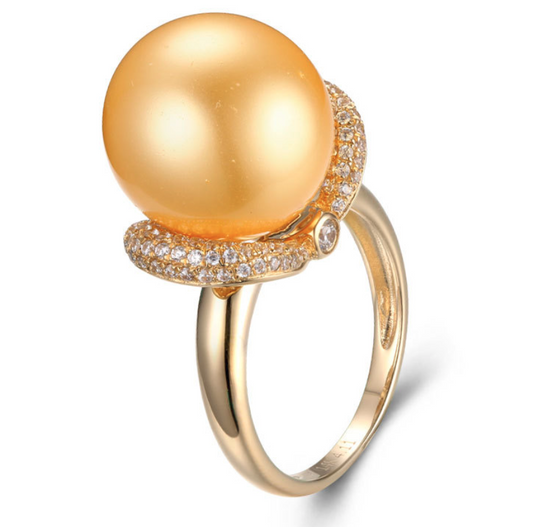 14k solid gold pearl ring holder adjustable golden the shining star CZ cubic zirconia, Yellow gold, Real gold Xaxe.com