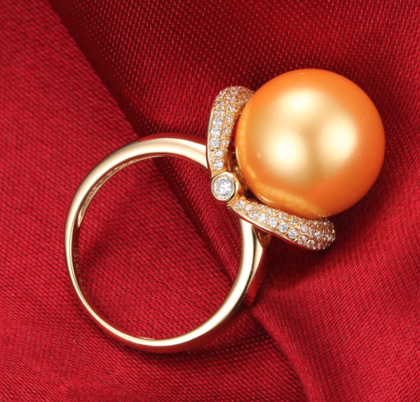 14k solid gold pearl ring holder adjustable golden the shining star CZ cubic zirconia, Yellow gold, Real gold Xaxe.com