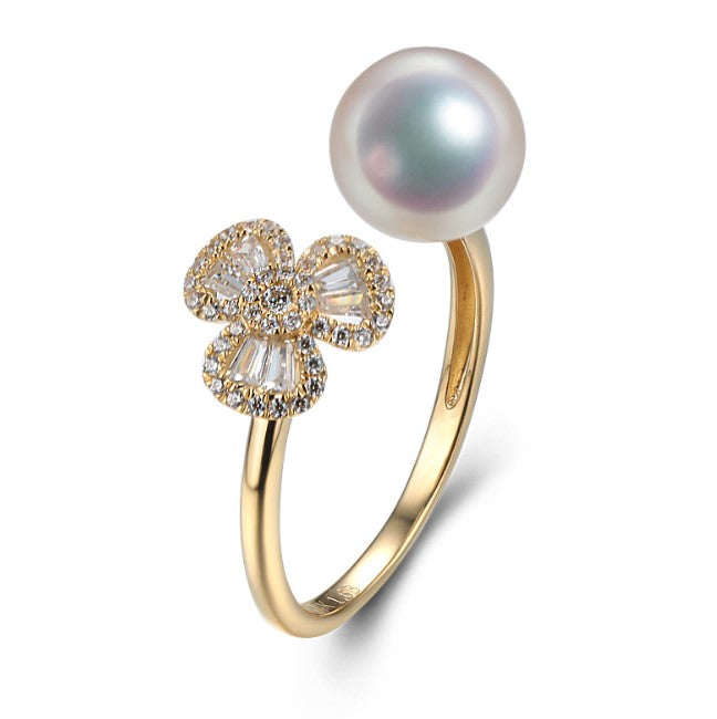 14k solid gold pearl ring holder adjustable golden the simple floral CZ Cubic Zirconia, Yellow gold, Real gold Xaxe.com