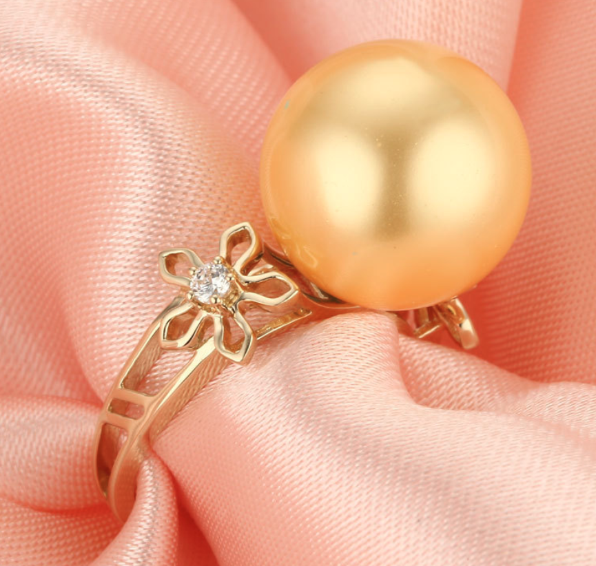 14k solid gold pearl ring holder adjustable golden the twin flower CZ cubic zirconia, Yellow gold, Real gold Xaxe.com