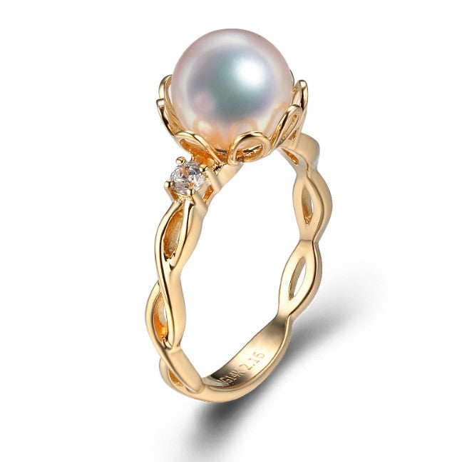 14k solid gold pearl ring holder adjustable golden the wave CZ Cubic Zirconia, Yellow gold, Real gold Xaxe.com