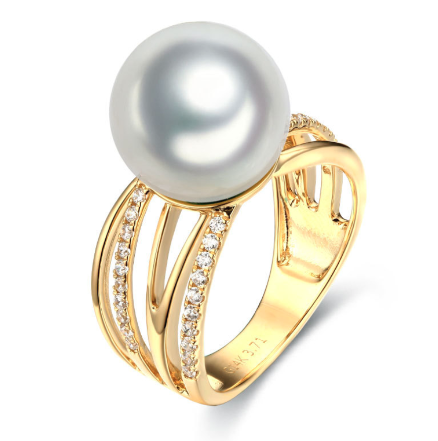 14k solid gold pearl ring holder adjustable golden the wide CZ cubic zirconia, Yellow gold, Real gold Xaxe.com