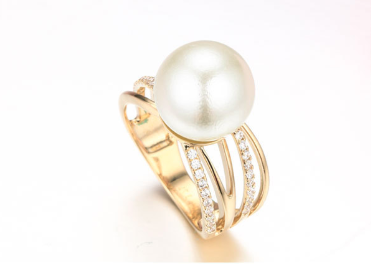 14k solid gold pearl ring holder adjustable golden the wide CZ cubic zirconia, Yellow gold, Real gold Xaxe.com