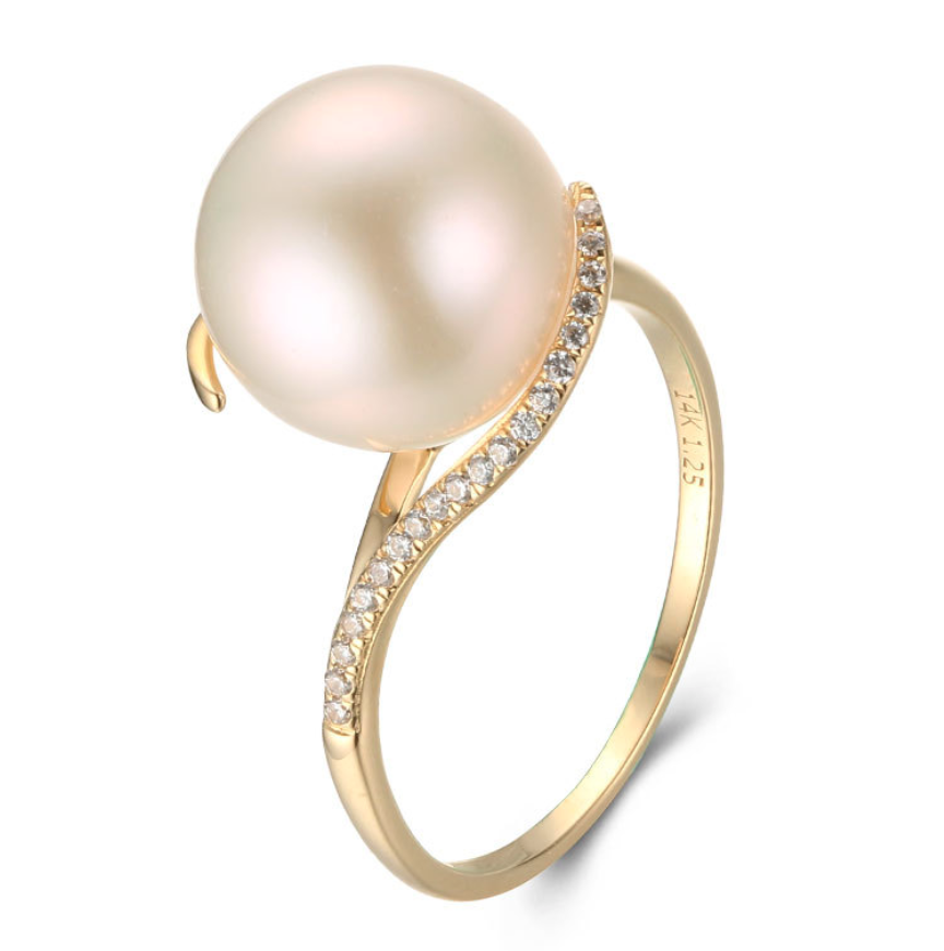 14k solid gold pearl ring holder setting 20 pieces CZ cubic zirconia, Yellow gold, Real gold Xaxe.com