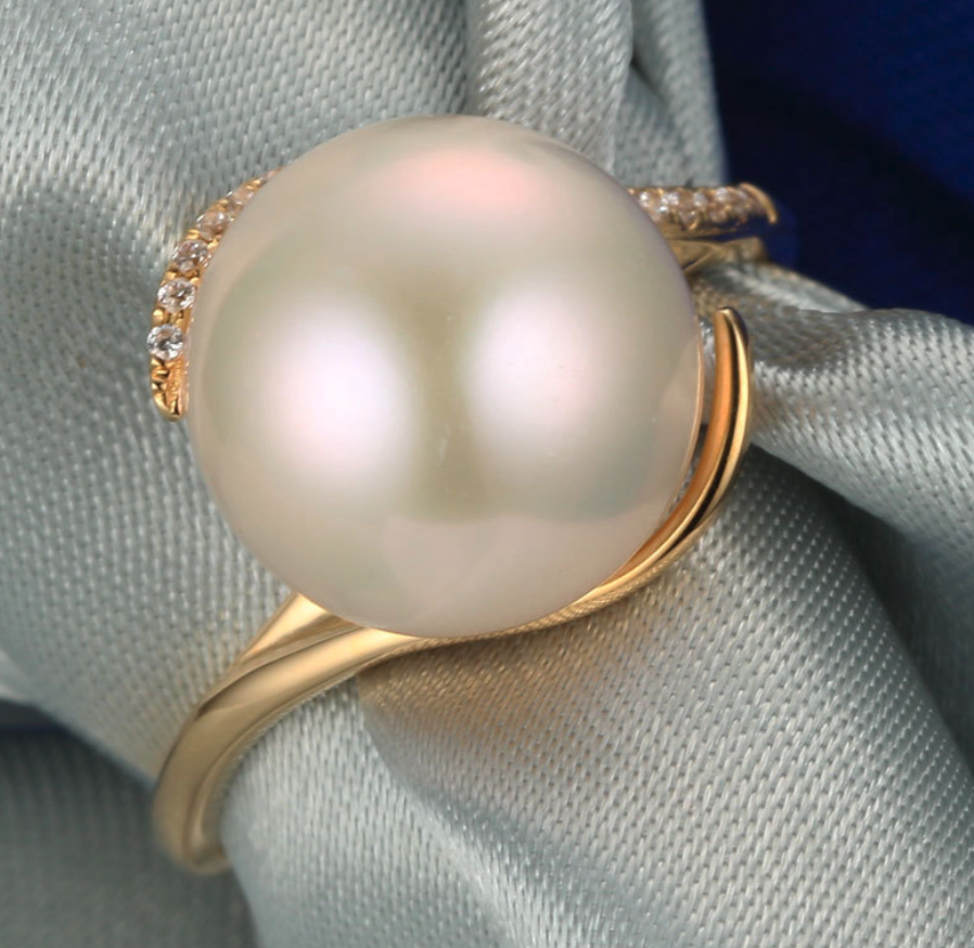 14k solid gold pearl ring holder setting 20 pieces CZ cubic zirconia, Yellow gold, Real gold Xaxe.com