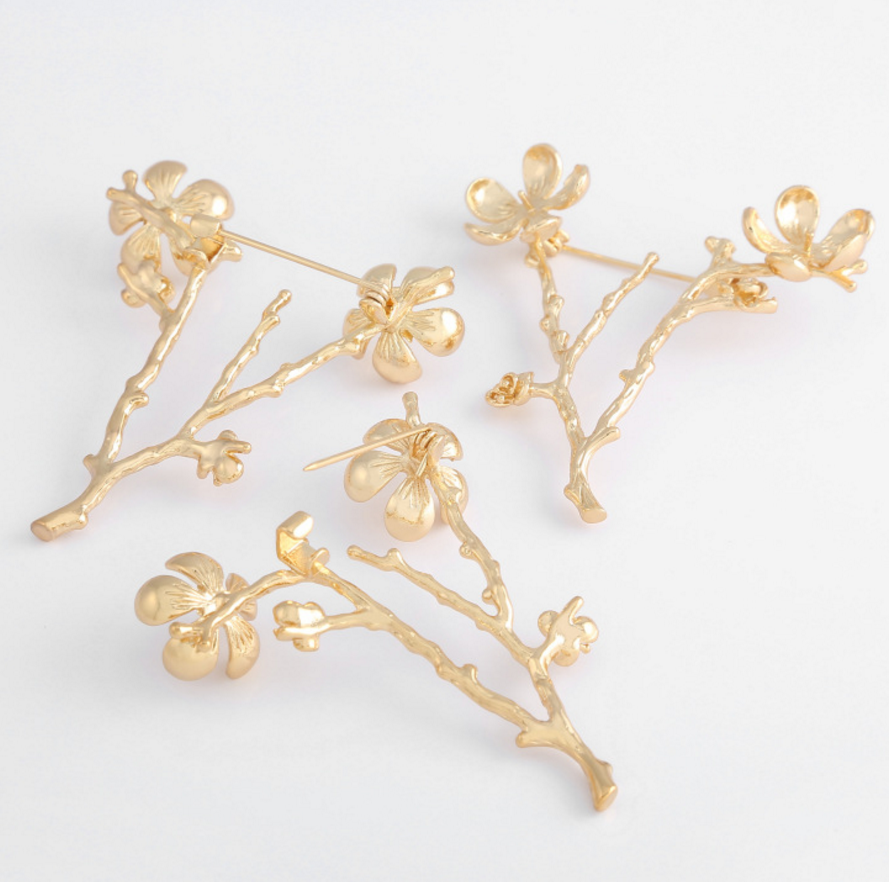 3 pcs 24k gold plated Floral branch brooch pin pendant brass spacer beads  brass caps brass connector Xaxe.com