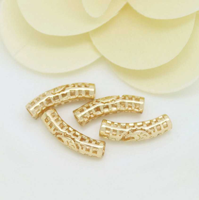 5 pcs 24k gold plated curved hollow tube brass spacer beads  brass caps brass connector Xaxe.com