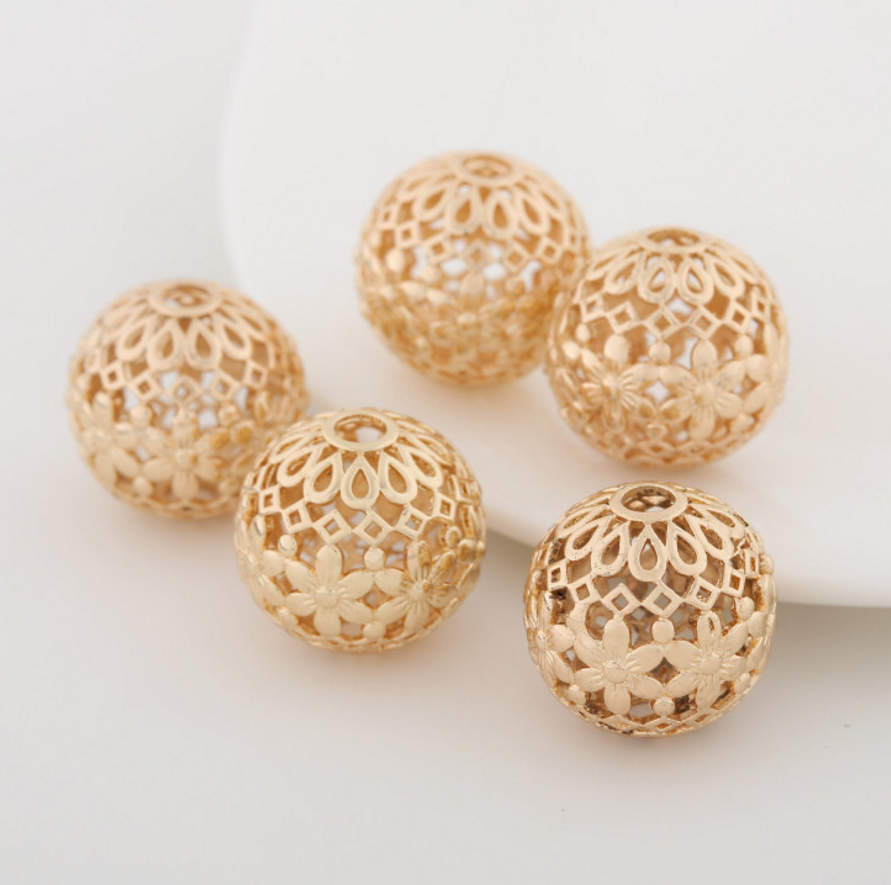 5 pcs 24k gold plated hollow floral ball brass spacer beads  brass caps brass connector Xaxe.com