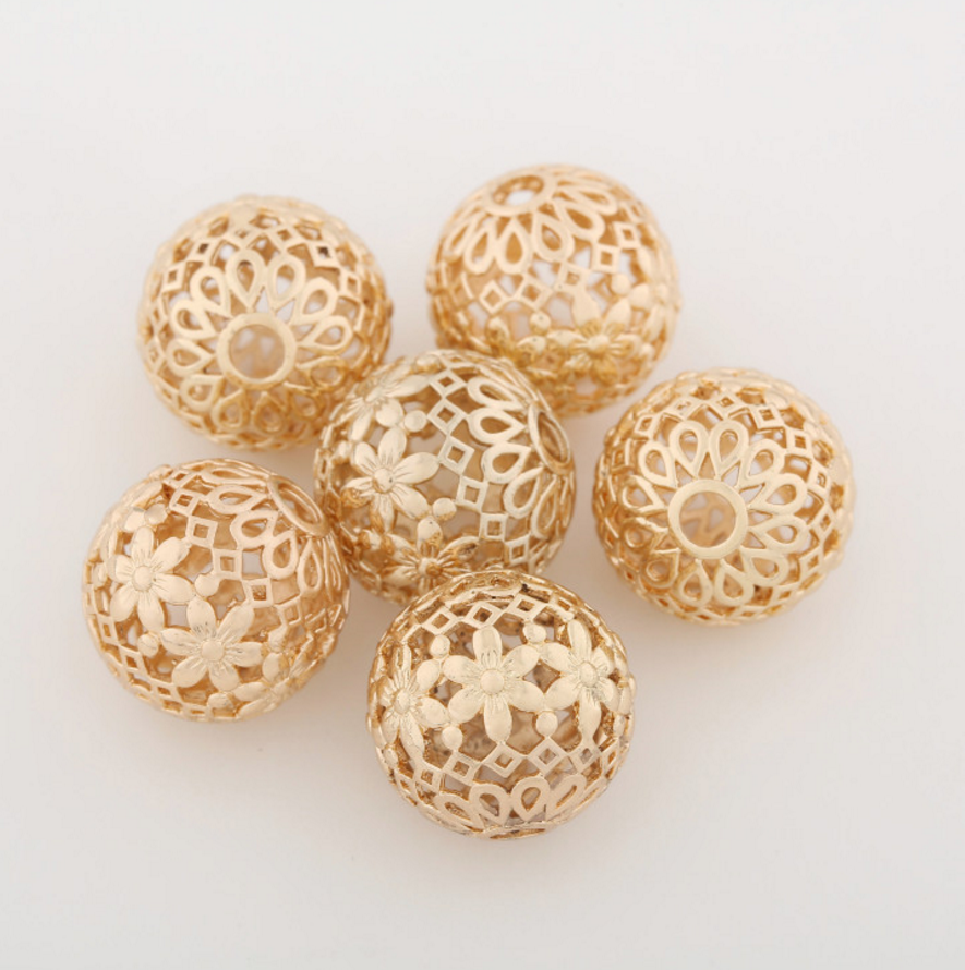 5 pcs 24k gold plated hollow floral ball brass spacer beads  brass caps brass connector Xaxe.com