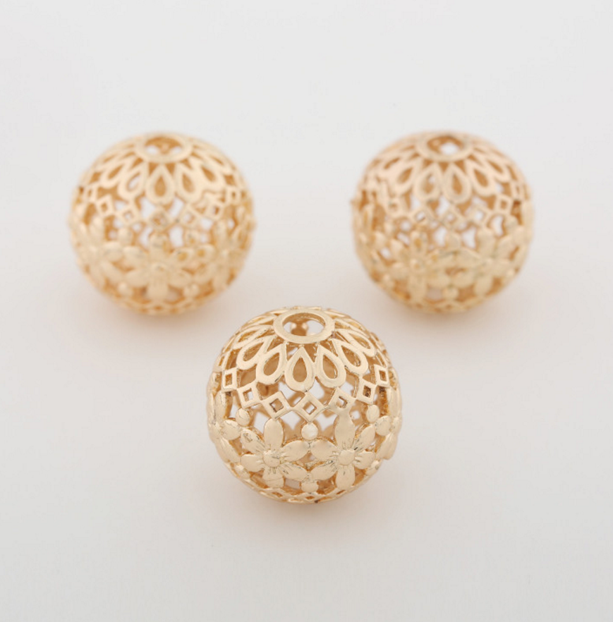 5 pcs 24k gold plated hollow floral ball brass spacer beads  brass caps brass connector Xaxe.com