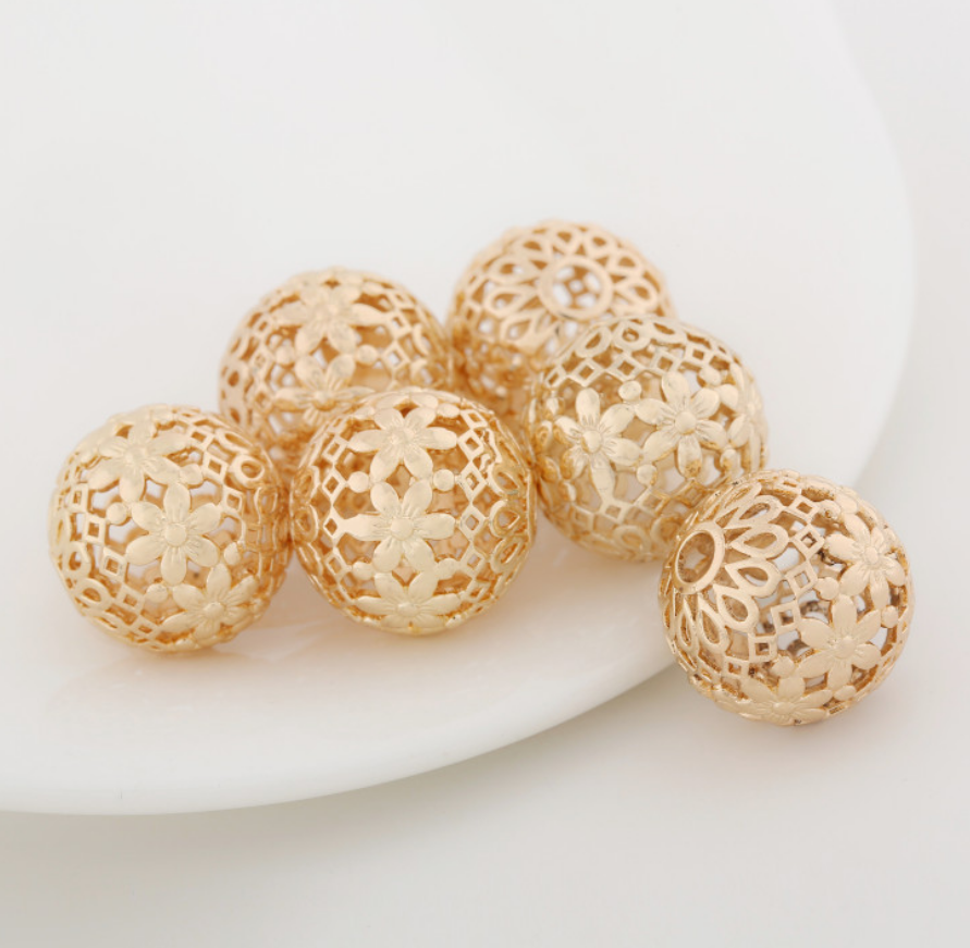 5 pcs 24k gold plated hollow floral ball brass spacer beads  brass caps brass connector Xaxe.com