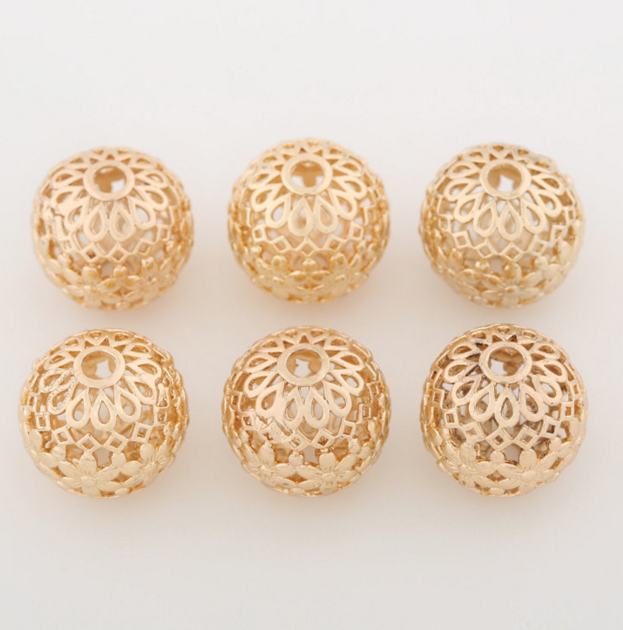 5 pcs 24k gold plated hollow floral ball brass spacer beads  brass caps brass connector Xaxe.com