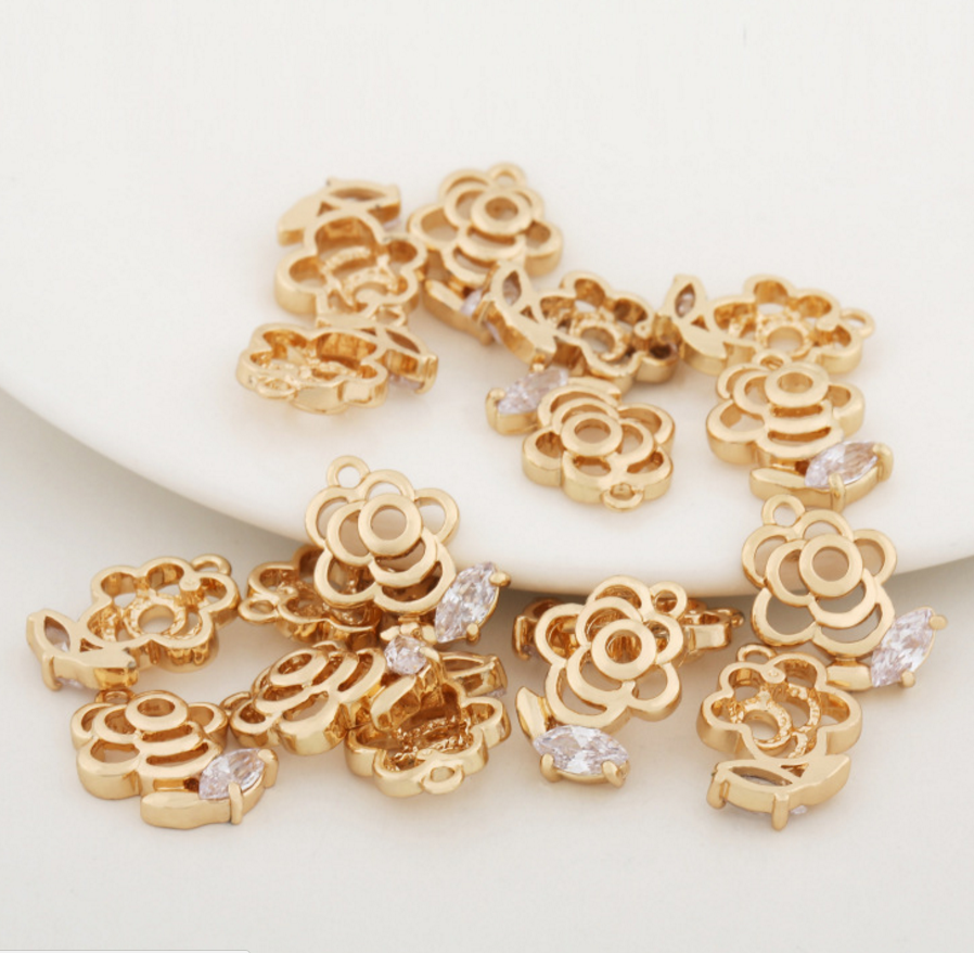 5 pcs 24k gold plated rose blossom pendant brass spacer beads  brass caps brass connector Xaxe.com