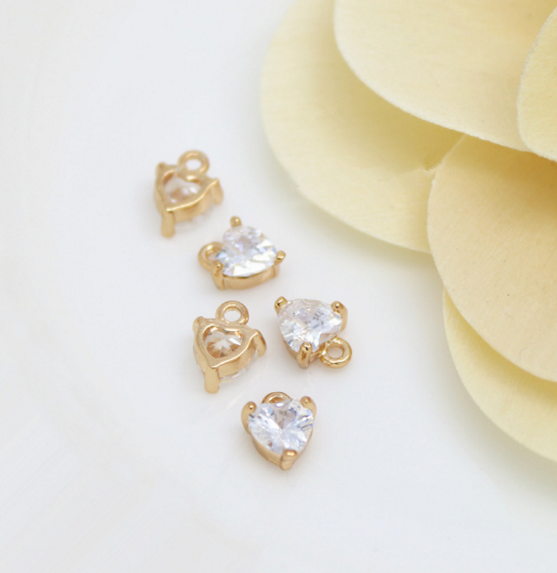 5 pcs 24k gold plated zircon heart brass spacer beads  brass caps brass connector Xaxe.com