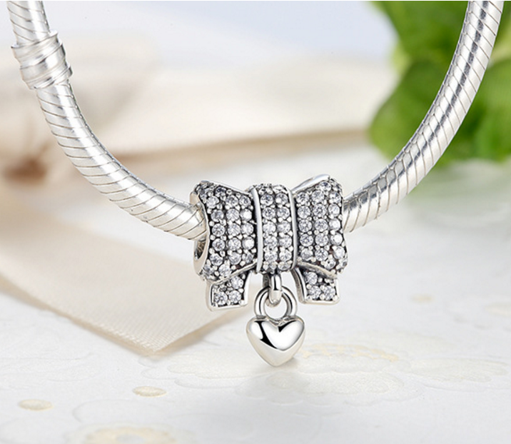 925 Sterling Silver Charm Adorable heart bowtie Bead Fits Pandora, Biagi, Troll, Chamilla and Many Other European Charm Xaxe.com