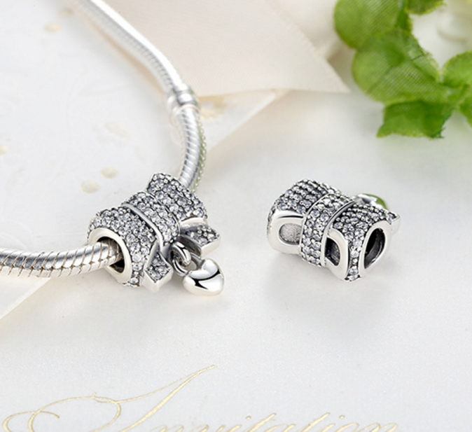 925 Sterling Silver Charm Adorable heart bowtie Bead Fits Pandora, Biagi, Troll, Chamilla and Many Other European Charm Xaxe.com