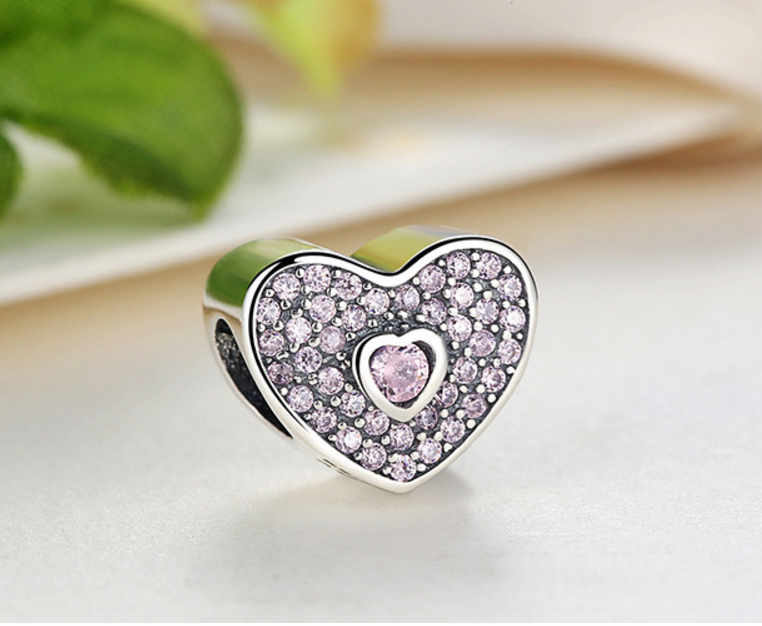 925 Sterling Silver Charm Adorable pink heart Bead Fits Pandora, Biagi, Troll, Chamilla and Many Other European Charm Xaxe.com