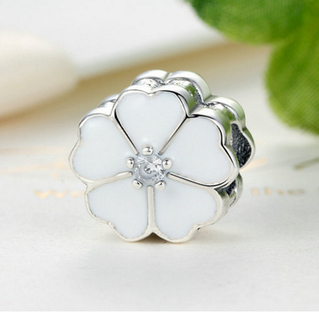 925 Sterling Silver Charm Adorable white floral Bead Fits Pandora, Biagi, Troll, Chamilla and Many Other European Charm Xaxe.com