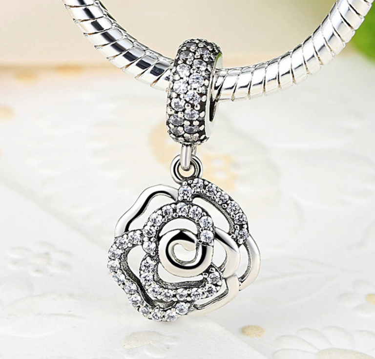 925 Sterling Silver Charm rose flower Bead Fits Pandora, Biagi, Troll, Chamilla and Many Other European Charm Xaxe.com
