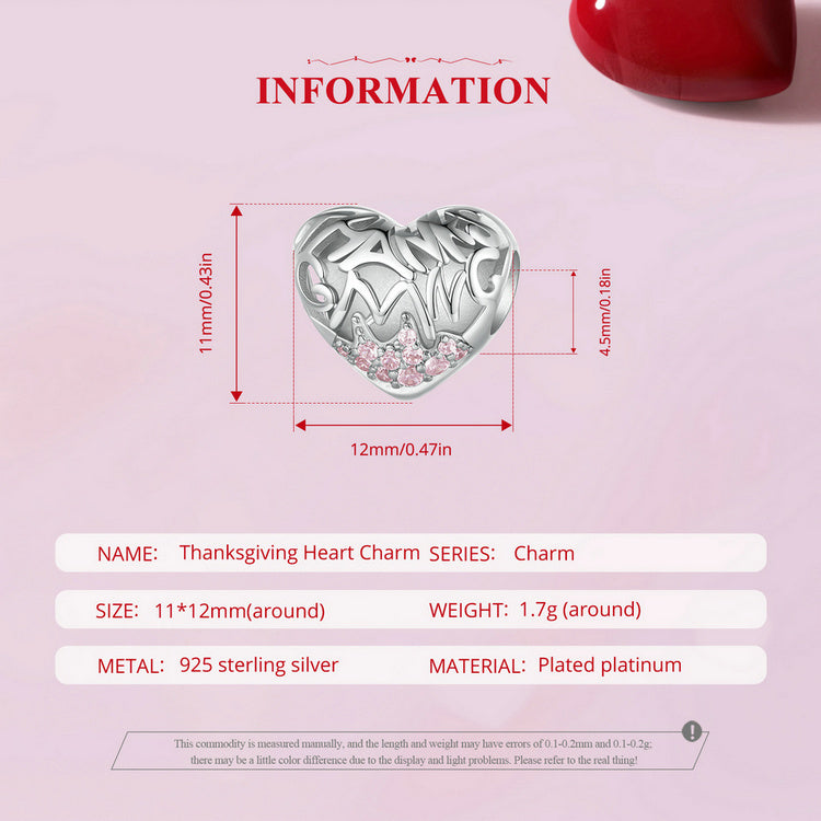 Sterling 925 silver charm the thanksgiving heart charm fits Pandora charm and European charm bracelet