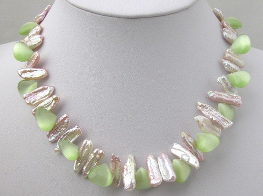 Beautiful Pink Biwa Pearl And Green Opal Necklace Xaxe.com