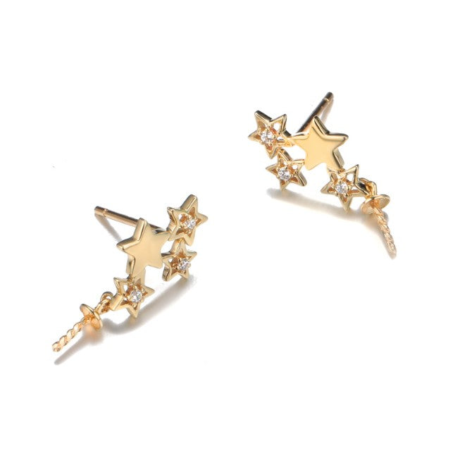 Elegant Stars 14k solid gold  real gold CZ cubic zirconia earring findings, Yellow gold E002670 Xaxe.com