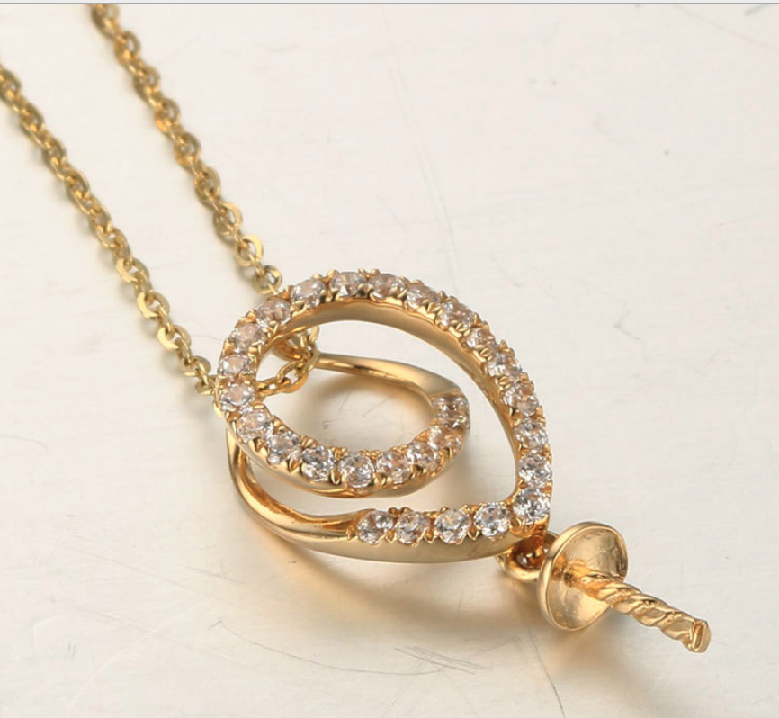 Real gold 14k solid gold pearl pendant setting CZ cubic zirconia , Yellow gold Xaxe.com