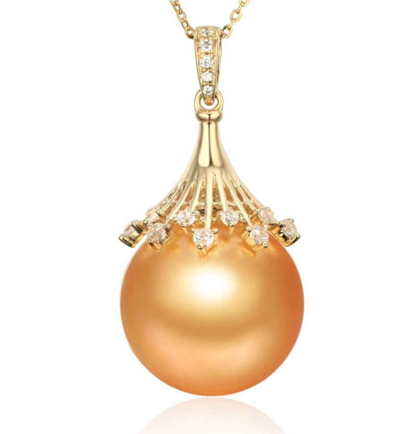 Real gold 14k solid gold pearl pendant setting CZ cubic zirconia fashion design, Yellow gold Xaxe.com