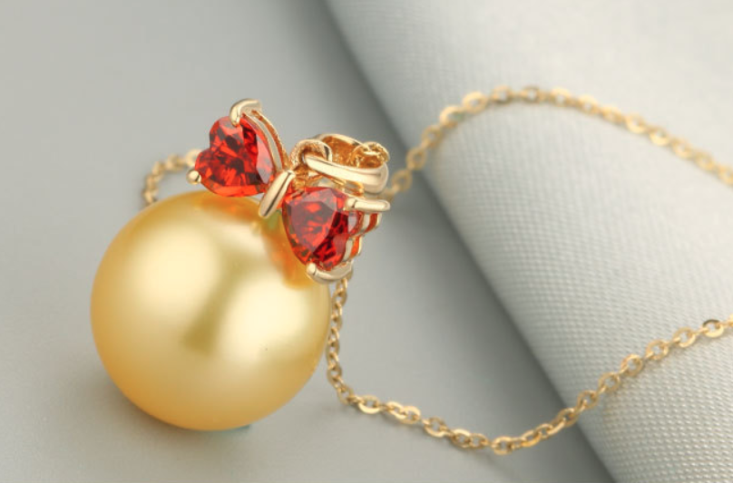 Real gold 14k solid gold pearl pendant setting CZ cubic zirconia red, Yellow gold Xaxe.com
