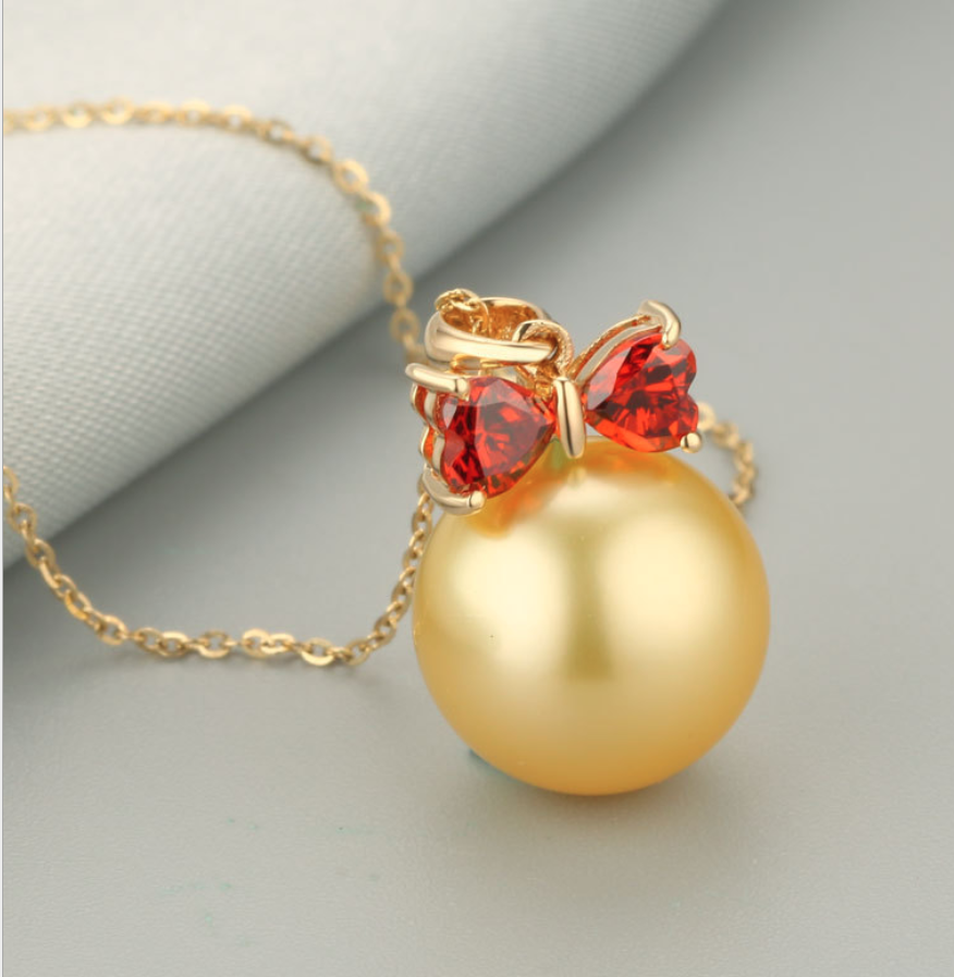 Real gold 14k solid gold pearl pendant setting CZ cubic zirconia red, Yellow gold Xaxe.com